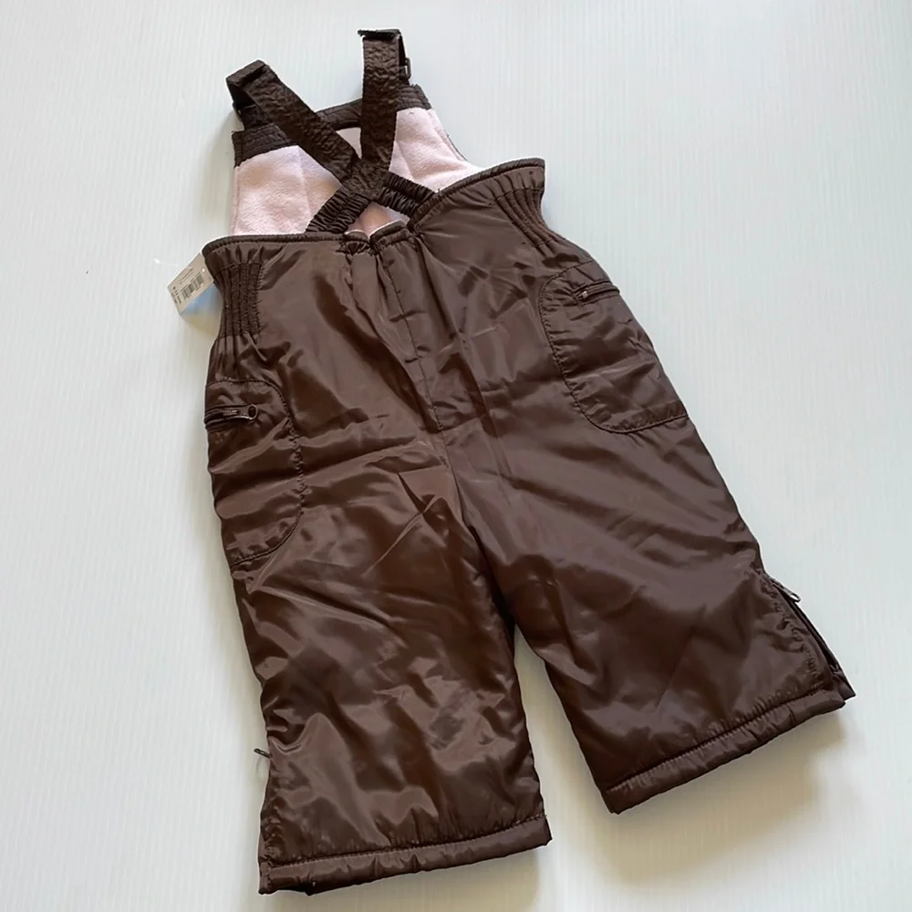 Old Navy brown & pink bib overall snow pants.  Girls size 6-12 months